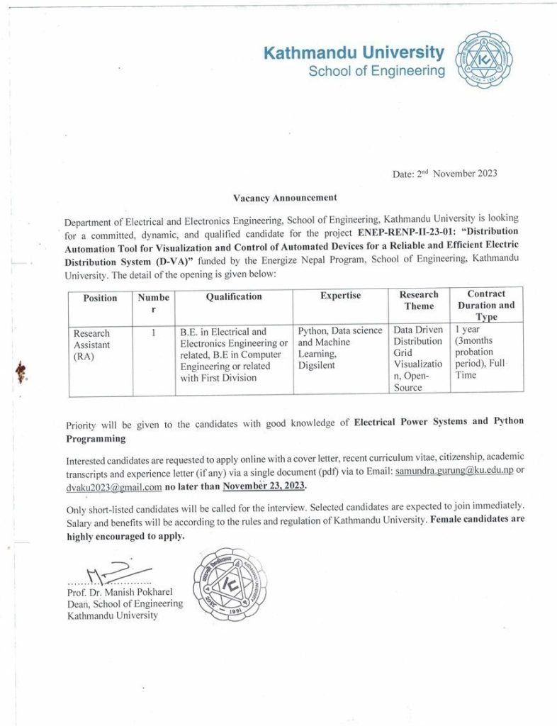 Research Assistant Vacancy at Kathmandu University Notice